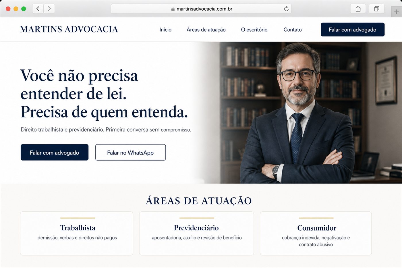 Projeto de site para o escritório Martins Advocacia, com áreas de atuação