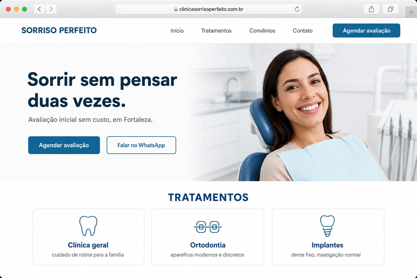 Projeto de site para a clínica Sorriso Perfeito, com tratamentos e convênios