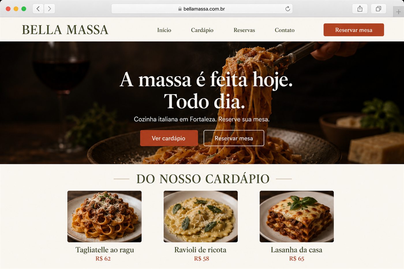 Projeto de site para o restaurante Bella Massa, com cardápio e reserva de mesa