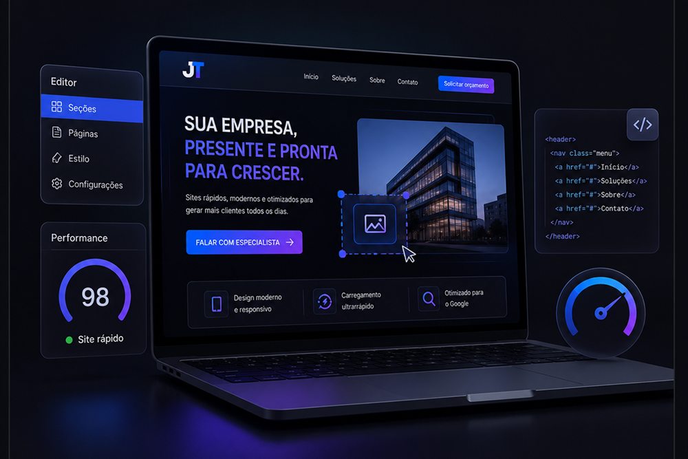 Editor de site aberto num notebook, com painel de performance marcando 98 e trecho de código ao lado