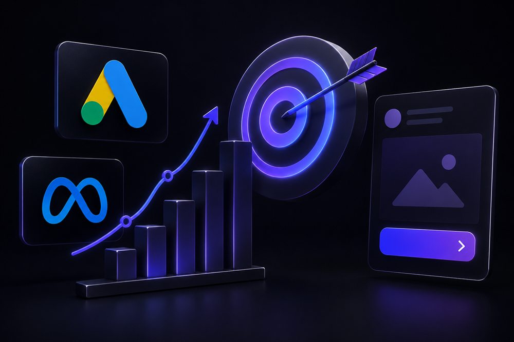 Logos do Google Ads e da Meta ao lado de um gráfico em crescimento e uma flecha acertando o centro do alvo